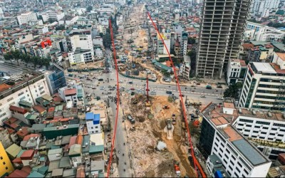 Nút giao Vành đai 1 với phố Láng Hạ - Giảng Võ sẽ được xây cầu vượt theo hướng Hoàng Cầu - Voi Phục (đường kẻ đỏ mô phỏng).